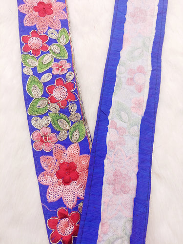 Blue Silk Fabric Embroidered Trim, Floral Embroidery Indian Sari Border Trim By Yard Decorative Trim Craft Lace, Sequins Trim